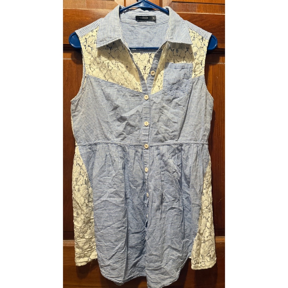 Theme Blue White Stripe Lace Sleeveless Button Front Tunic Top Women's M